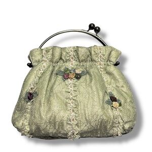 Vintage Malina Artisan Olive Green Lace Floral Rosettes Kiss Lock Purse